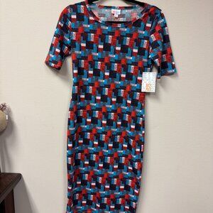 LuLaRoe Julia Dress Navy, Red, Blue Geometric Pattern NWT size XS